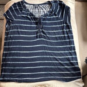 Chaps Navy and White Lace-Up short sleeve Striped Top.  Size 1X.